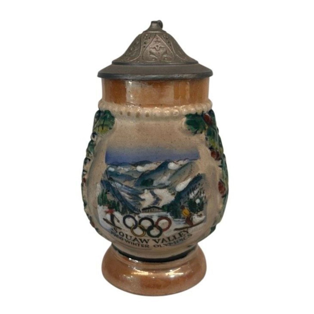 Vtg 1960 Squaw Valley USA Olympics Souvenir Beer Stein Pewter Lid Multicolor 4"
